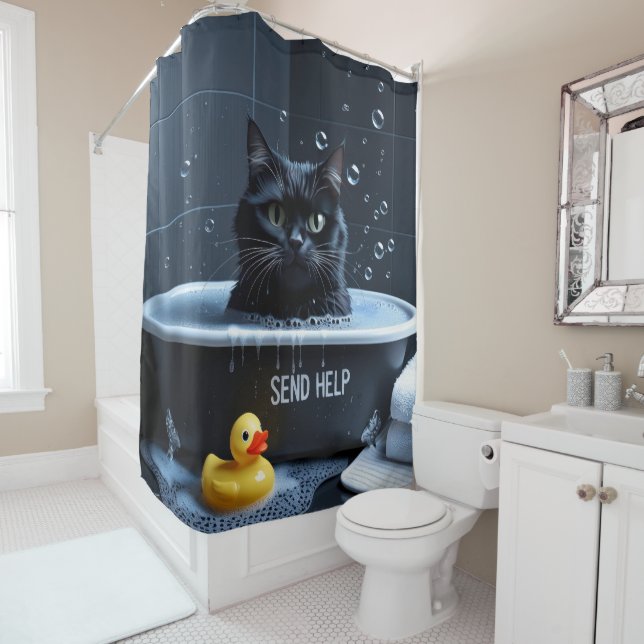 Black Cat Sloppy Sleepy Cute Funny  Shower Curtain (In Situ)