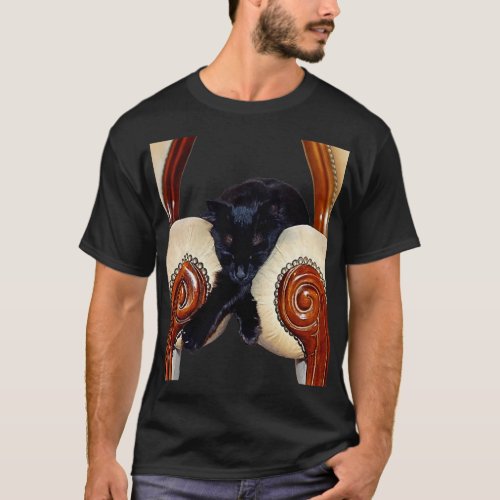 Black Cat Slouched Between Two Chairs Legs Crossed T_Shirt