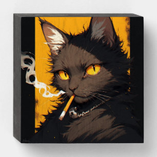 Black cat smoking cigarette wood wall sign