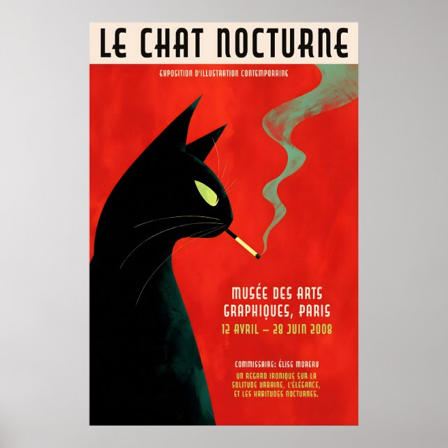 Black Cat Smoking Poster - Retro French Exhibition (Front)