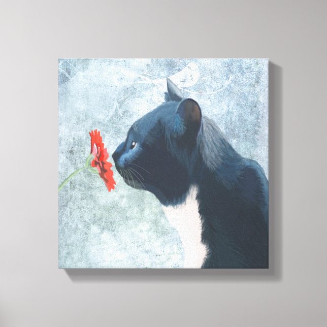 Black Cat Sniffing Flower Canvas Print (Front)