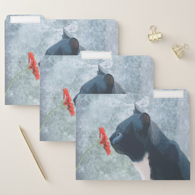 Black Cat Sniffing Flower File Folder (Set)