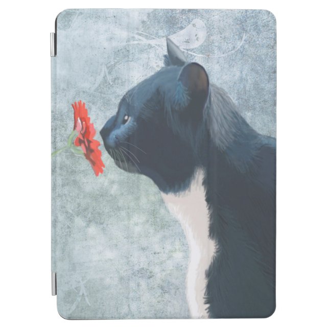 Black Cat Sniffing Flower iPad Air Cover (Front)