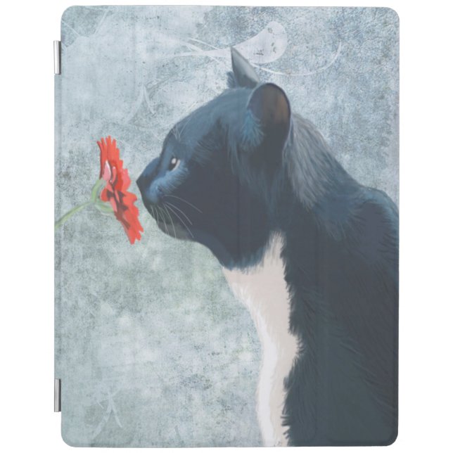 Black Cat Sniffing Flower iPad Air Cover (Front)