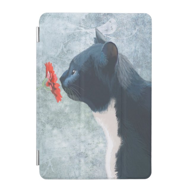 Black Cat Sniffing Flower iPad Mini Cover (Front)