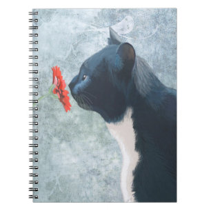 Black Cat Sniffing Flower Notebook
