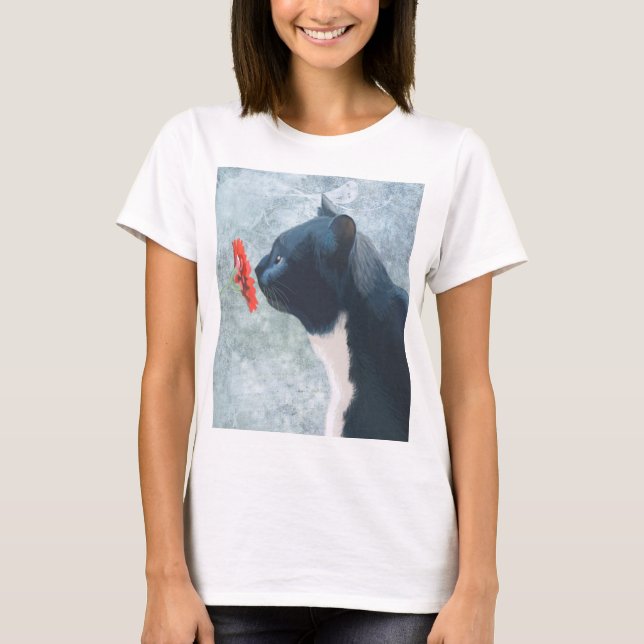 Black Cat Sniffing Flower T-Shirt (Front)