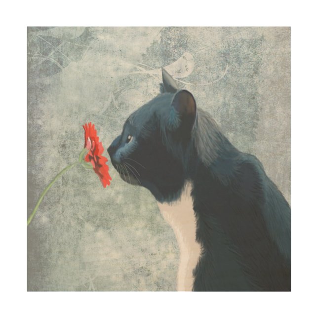 Black Cat Sniffing Flower Wood Wall Decor (Front)
