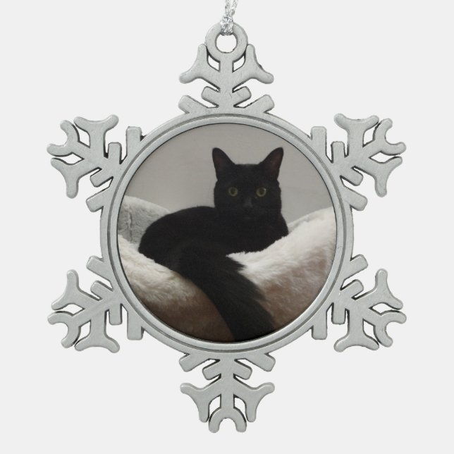 Black Cat Snowflake Pewter Christmas Ornament (Front)