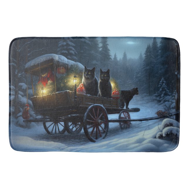 Black Cat Snowy Sleigh Ride Christmas Decor   Bath Mat (Front)