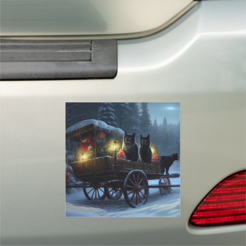 Black Cat Snowy Sleigh Ride Christmas Decor   Car Magnet