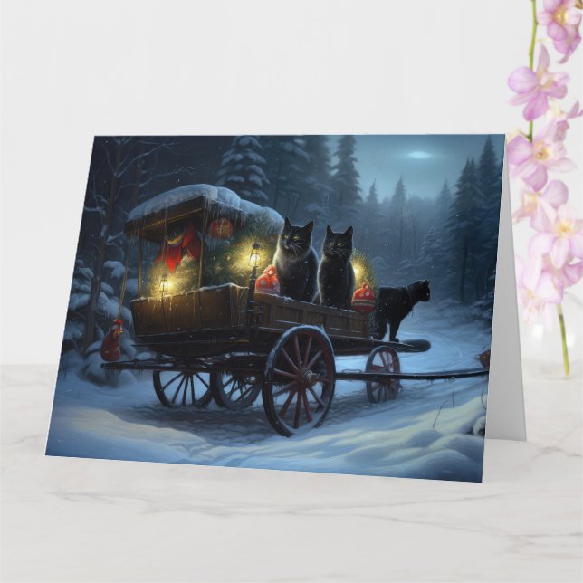 Black Cat Snowy Sleigh Ride Christmas Decor   Card (Orchid)
