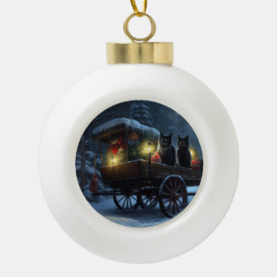 Black Cat Snowy Sleigh Ride Christmas Decor Ceramic Ball Christmas Ornament