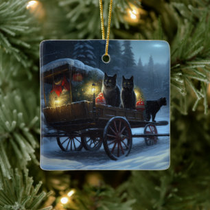 Black Cat Snowy Sleigh Ride Christmas Decor Ceramic Ornament