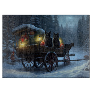 Black Cat Snowy Sleigh Ride Christmas Decor Cutting Board