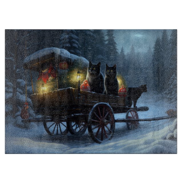 Black Cat Snowy Sleigh Ride Christmas Decor   Cutting Board (Front)