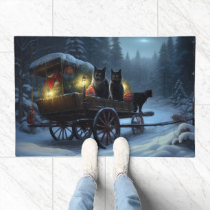 Black Cat Snowy Sleigh Ride Christmas Decor Doormat