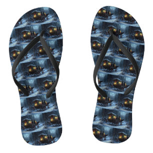 Black Cat Snowy Sleigh Ride Christmas Decor   Flip Flops