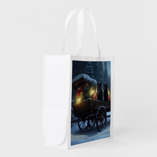 Black Cat Snowy Sleigh Ride Christmas Decor   Grocery Bag