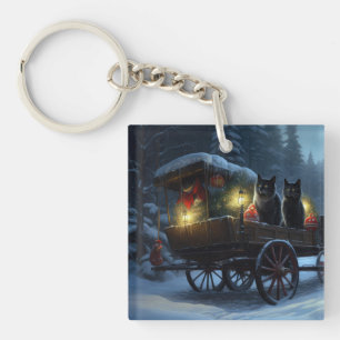Black Cat Snowy Sleigh Ride Christmas Decor Keychain