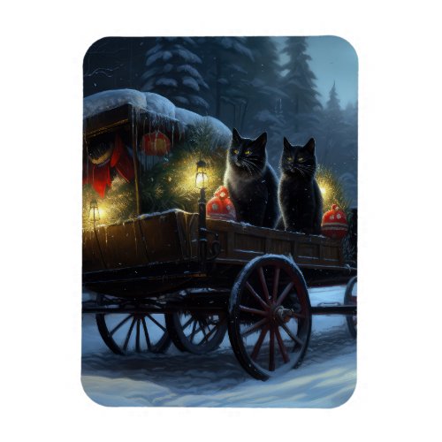 Black Cat Snowy Sleigh Ride Christmas Decor   Magnet