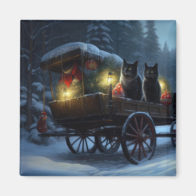 Black Cat Snowy Sleigh Ride Christmas Decor   Magnet (Front)