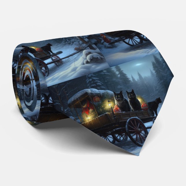Black Cat Snowy Sleigh Ride Christmas Decor   Neck Tie (Rolled)