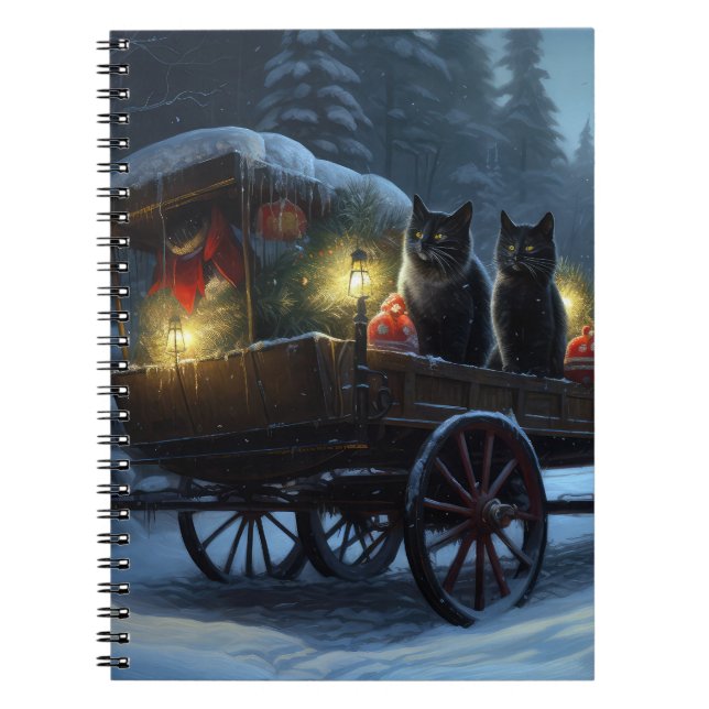 Black Cat Snowy Sleigh Ride Christmas Decor   Notebook (Front)