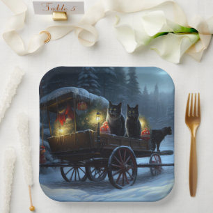 Black Cat Snowy Sleigh Ride Christmas Decor Paper Plates