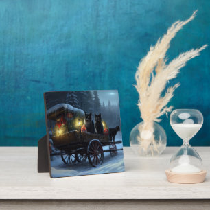 Black Cat Snowy Sleigh Ride Christmas Decor Plaque