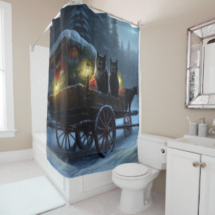 Black Cat Snowy Sleigh Ride Christmas Decor Shower Curtain
