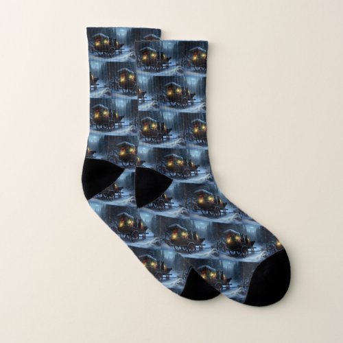 Black Cat Snowy Sleigh Ride Christmas Decor   Socks