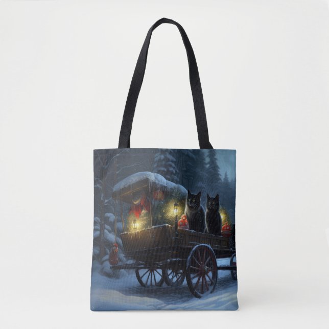 Black Cat Snowy Sleigh Ride Christmas Decor   Tote Bag (Front)