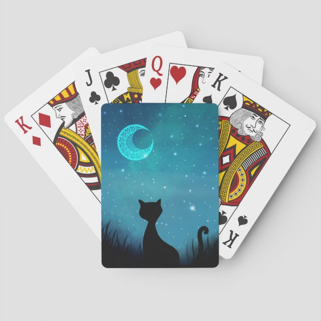 Black cat sparkle night sky modern illustration poker cards (Back)