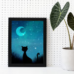 Black cat sparkle starry sky modern illustration poster<br><div class="desc">A black cat meditating at the starry sky and the shining crescent moon modern illustration Poster,  this cat is happy,  blessed,  faithful.</div>