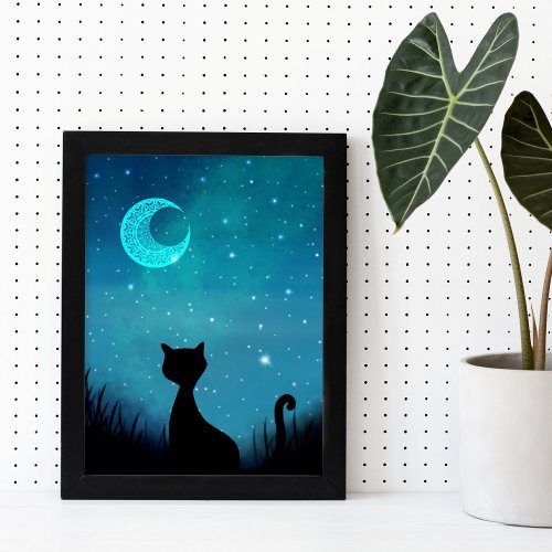 Black cat sparkle starry sky modern illustration poster