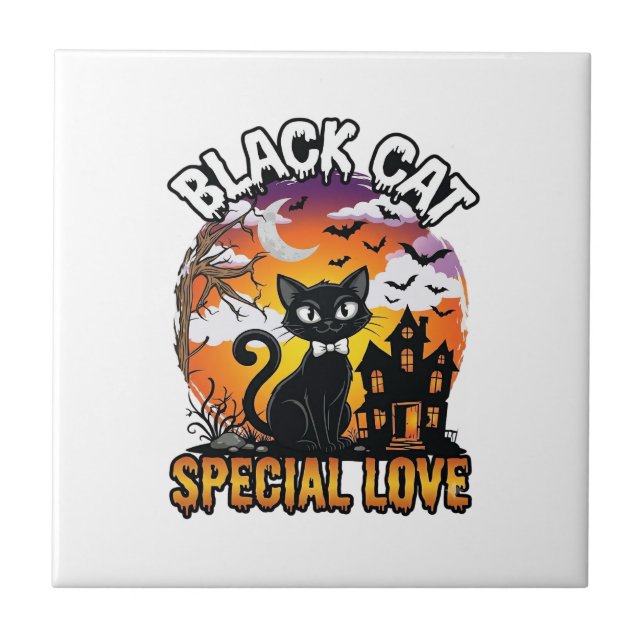 Black Cat Special Love Halloween Haunted House Bat Ceramic Tile (Front)