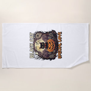 Black Cat Special Love Halloween Pumpkin Full Moon Beach Towel