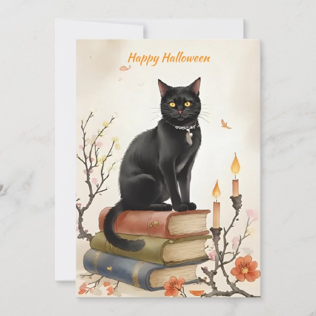 Black Cat & Spell Books Watercolor Halloween Holiday Card (Front)