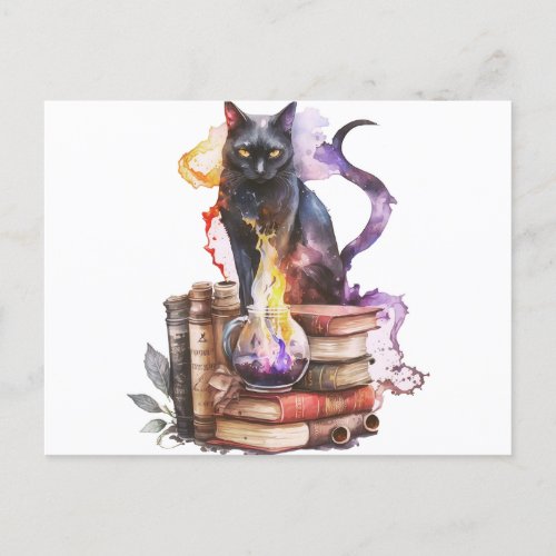 Black Cat Spellbooks Potions Halloween Holiday Postcard