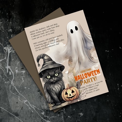 Black Cat  Spooky Ghost Halloween Poem Invitation