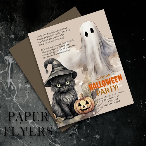 Black Cat  Spooky Ghost Halloween Poem Invitation Flyer