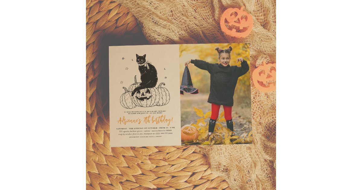 Black Cat Spooky Halloween Pumpkin Photo Birthday Invitation | Zazzle