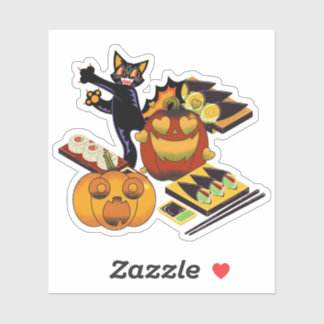 Black Cat & Spooky Heart-Eye Pumpkin Sushi Sticker