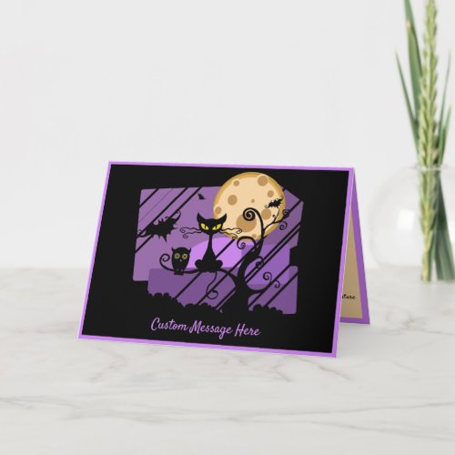 Black Cat Spooky Owl Bat Black Purple Full Moon Card