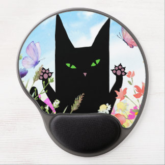 Black Cat Spring Fever:  Kitty and Flowers Gel Mouse Pad