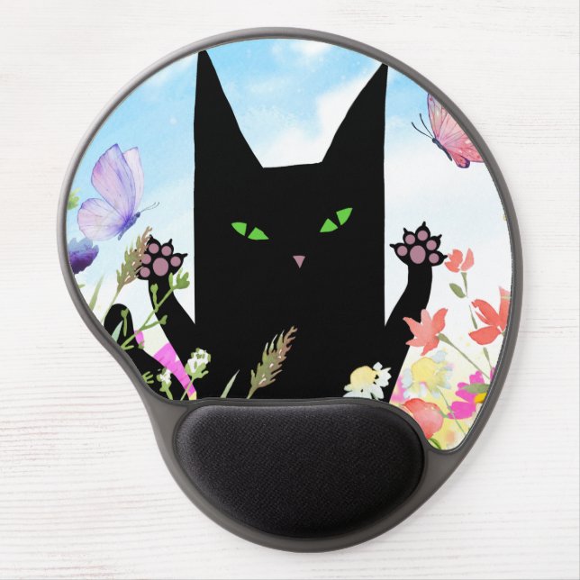 Black Cat Spring Fever:  Kitty and Flowers Gel Mouse Pad (Front)