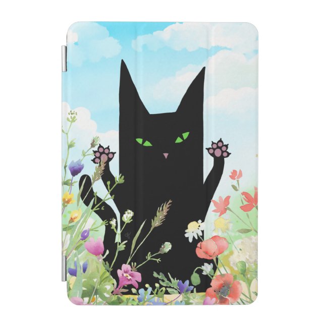 Black Cat Spring Fever:  Kitty and Flowers iPad Mini Cover (Front)