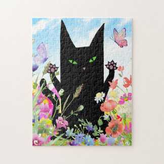Black Cat Spring Fever:  Kitty and Flowers Jigsaw Puzzle
