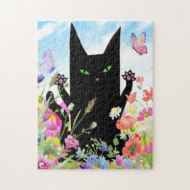 Black Cat Spring Fever:  Kitty and Flowers Jigsaw Puzzle (Vertical)